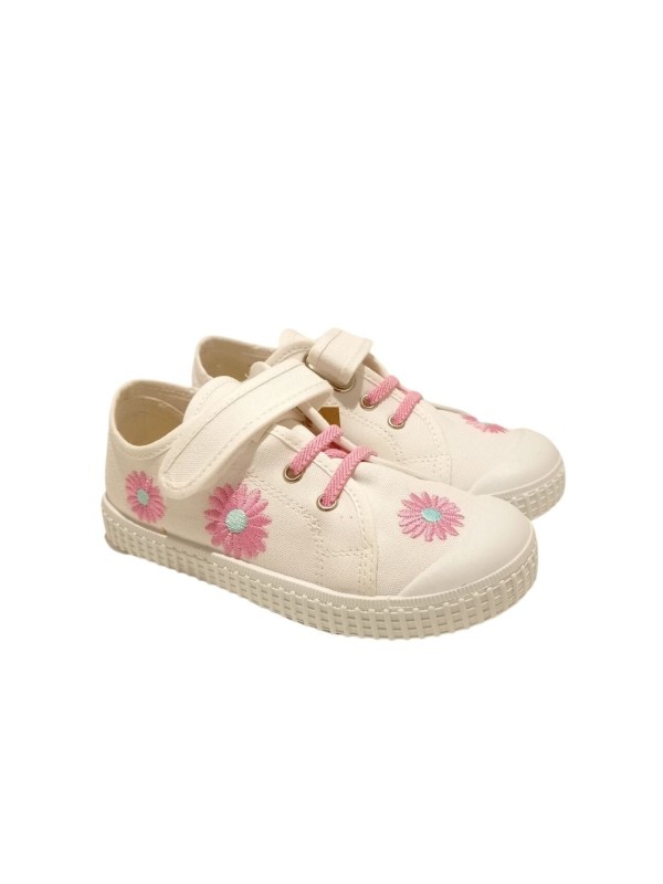 Zapatilla Lona Velcro Zapy AD31801 Flor Blanco Rosa